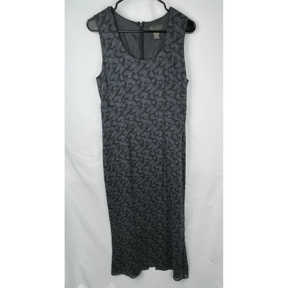 Banana Republic Sz 8 Gray 100% Silk Leaf Maxi Sheath Dress Sleeveless Back Slit - Picture 4 of 12